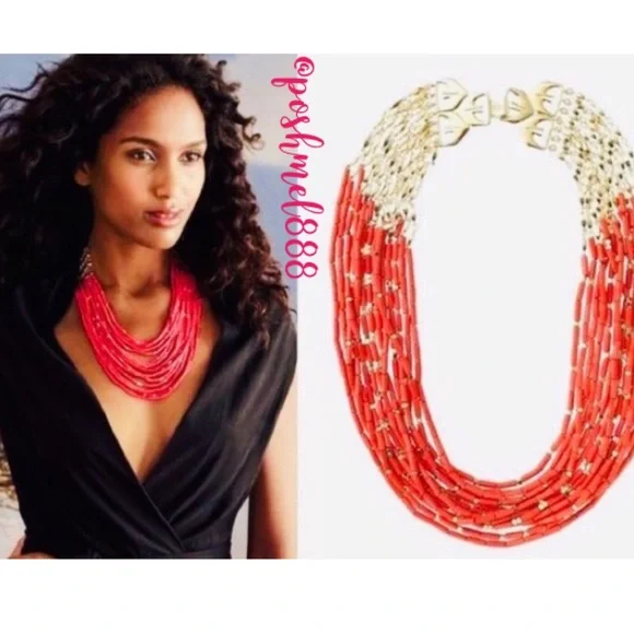 Stella & Dot | Retired Coral Red Hand-beaded Campari Statement Necklace - Picture 4 of 9